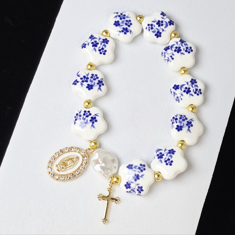 Blue Floral Miraculous Medal Bracelet Catholic Cross Gold Faith Prayer Jewelry